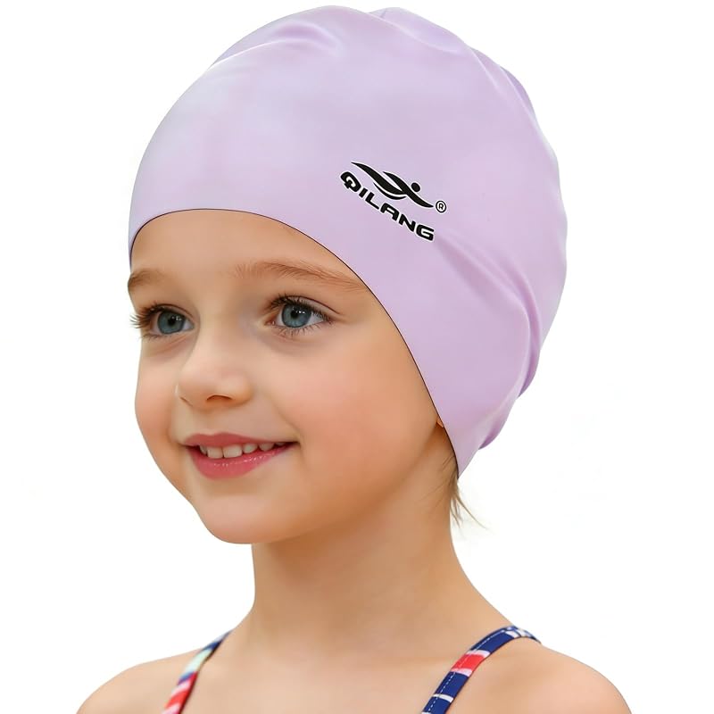 Kids Swim Cap - 100% Silicone Waterproof Hat for Hair Dry, Purple Variation