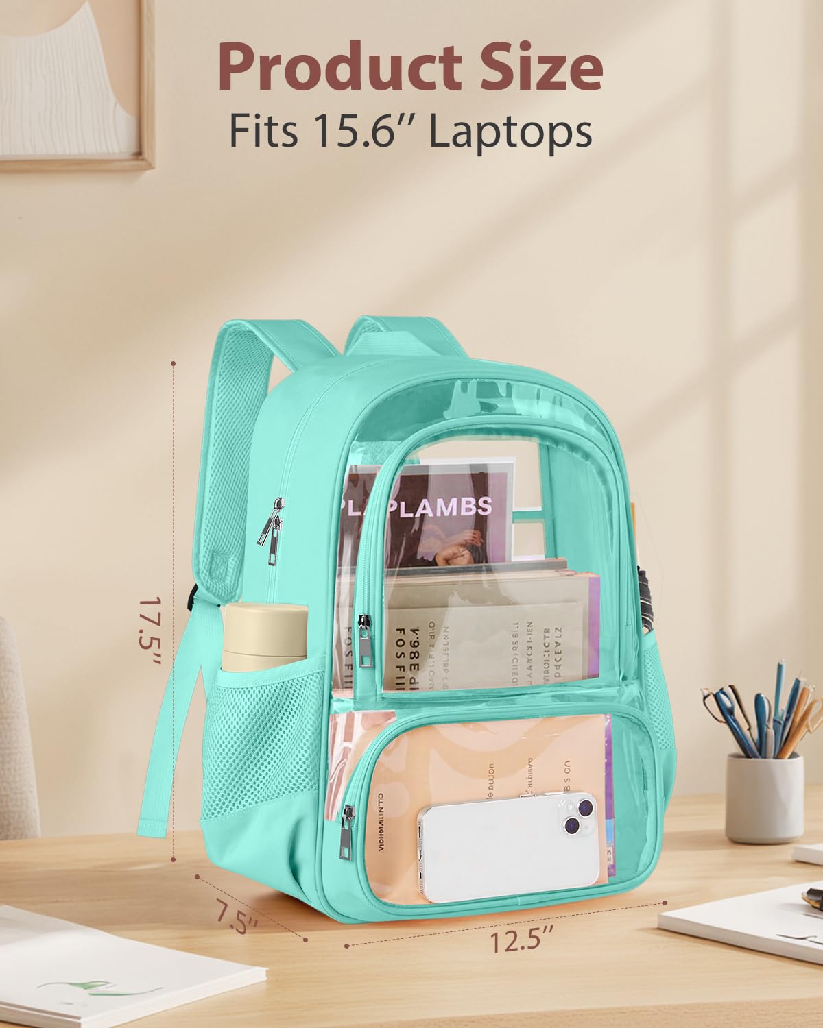 KIMNERPU Clear Backpack, Fabric & PVC Transparent Backpack with Reinforced Strap for Women Men, Heavy Duty Transparent Bookbag, Large Capacity Clear bag, Travel, Security, Green