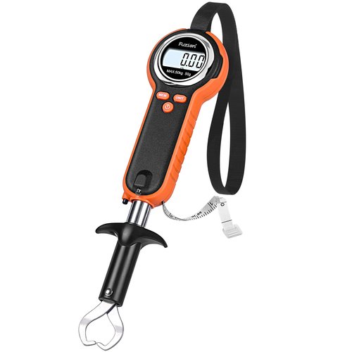 Fuzion Fish Scale, Professional Fishing Scale - 110lb Capacity, Waterproof, Night Light, Memory & Tape Measure | Portable Fish Weigh Kit w/Lip Gripper, Batteries & Pouch