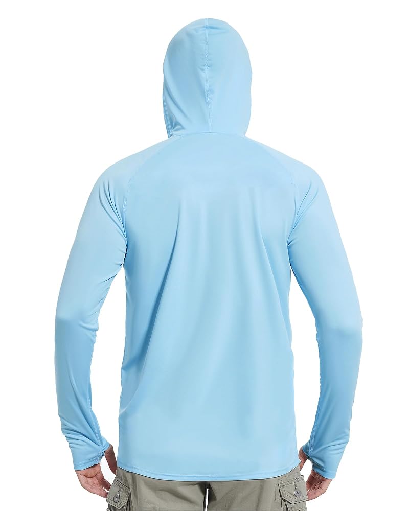 Mens UPF 50+ Sun Hoodie Long Sleeve Fishing Shirt with Face Mask - Light Blue (Medium) - isnowood