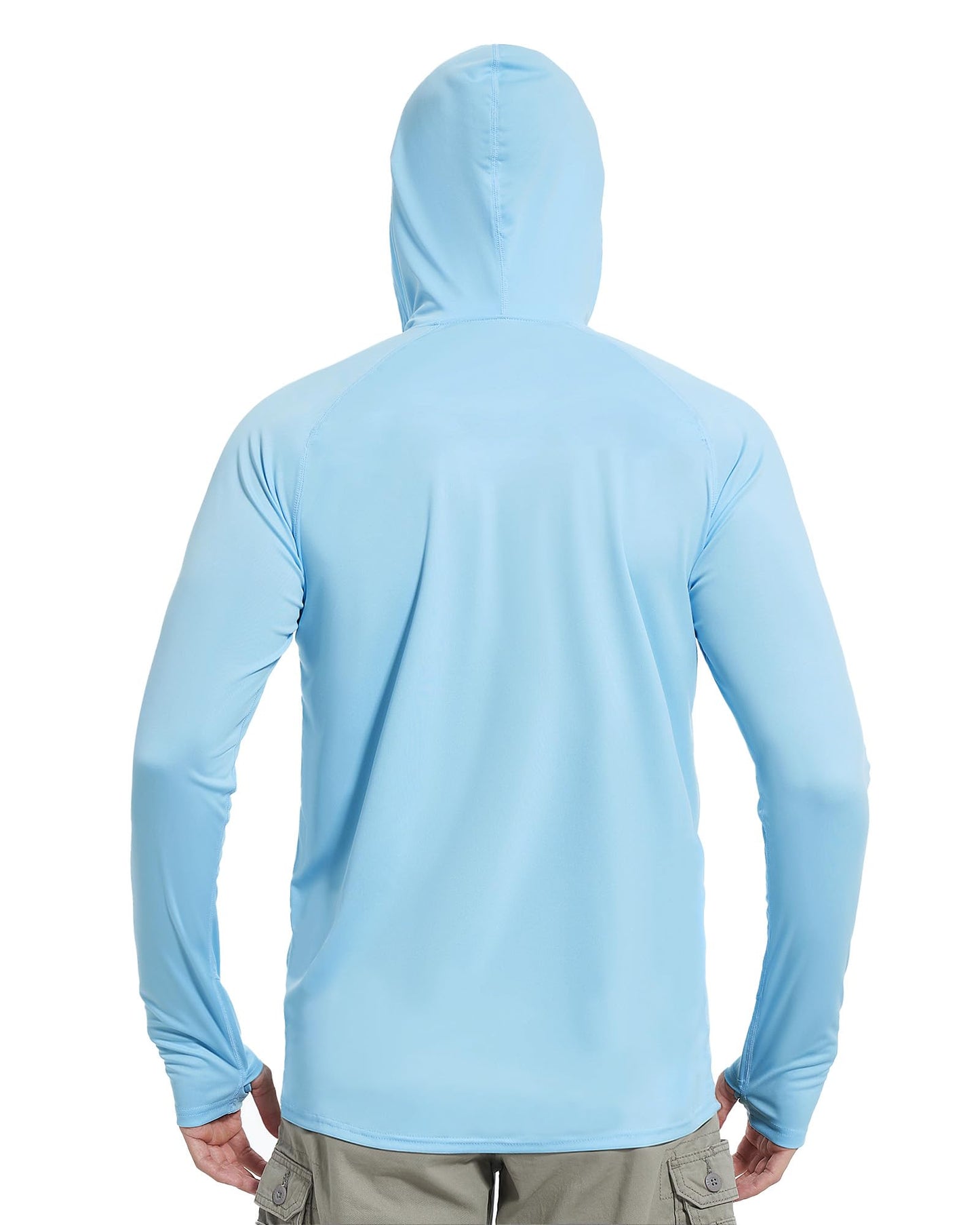 isnowood Sun Shirt UPF 50+ Men's Fishing Long Sleeve UV Protection Hoodie Hiking Rash Guard Swimming Running Light Blue