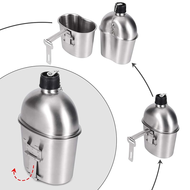 Goetland 1QT Stainless Steel WWII US Army Canteen with Cup & Nylon Pouch – Grab Handle Cup Variation