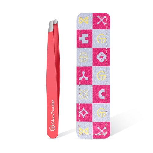 Expert Eyebrow Hair Removal Tweezer with Leather Case, GlamTweeler High Precision Slant Tip Stainless Steel Tweezers for Men and Women (Hot Pink)