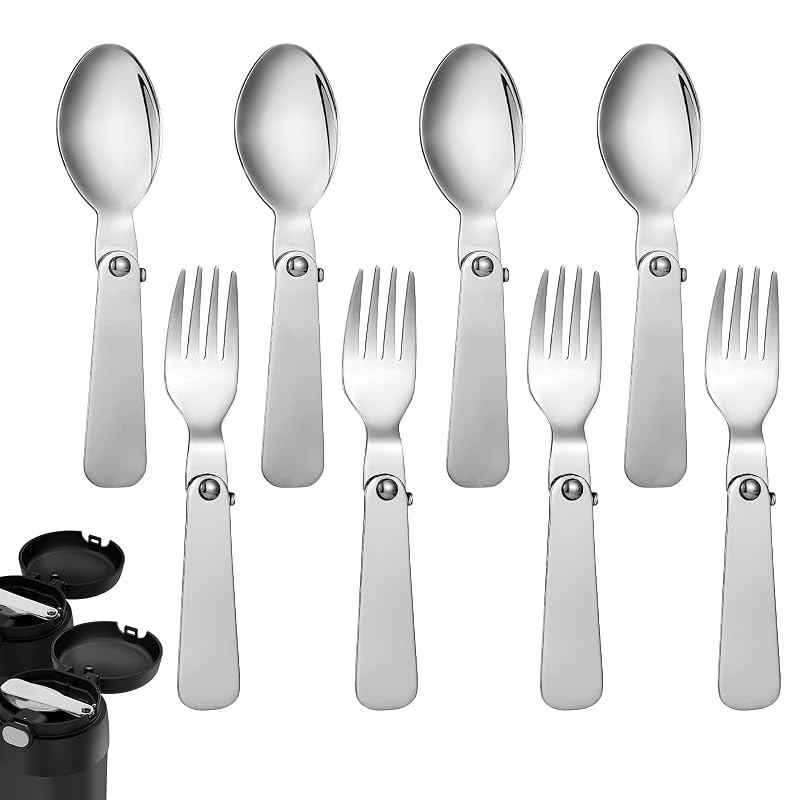 4 Colossal Folding Spoons & 4 Folding Forks for Thermos Funtainer 10oz – 8 Pcs Stainless Steel Set - Variation 8