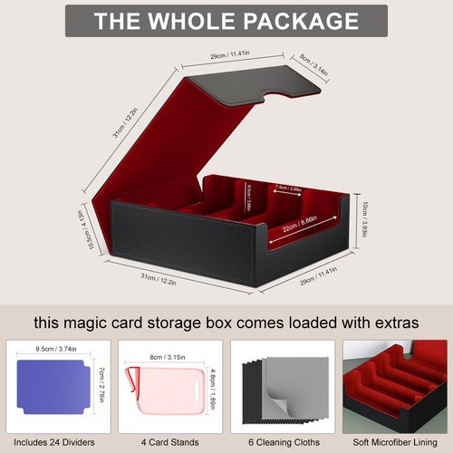 Trading Card Storage Box (3000+ Cards Capacity) – Magnetic MTG Deck Box, Waterproof PU Leather, Thickened Material – Includes 24 Dividers, 4 Card Stands, 6 Cleaning Cloths – Card Box for TCG & YuGiOh