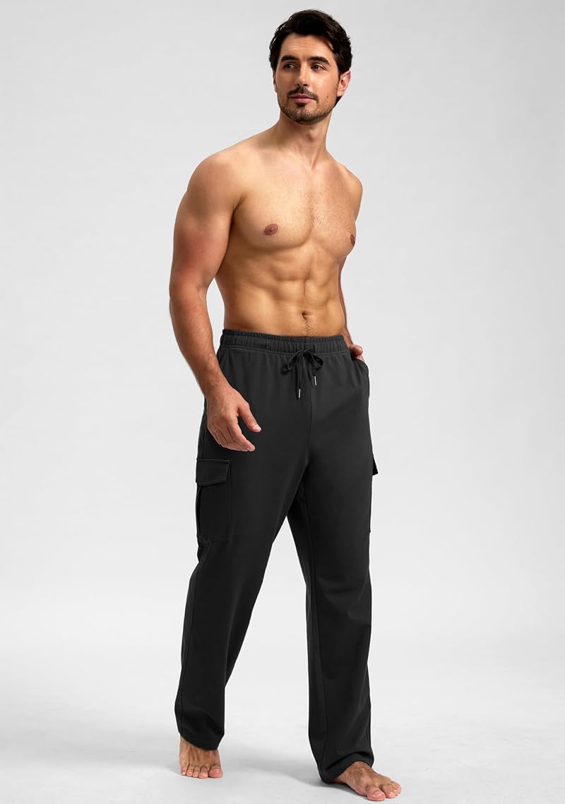 Pudolla Men’s Cotton Cargo Sweatpants with 6 Pockets, Black XL