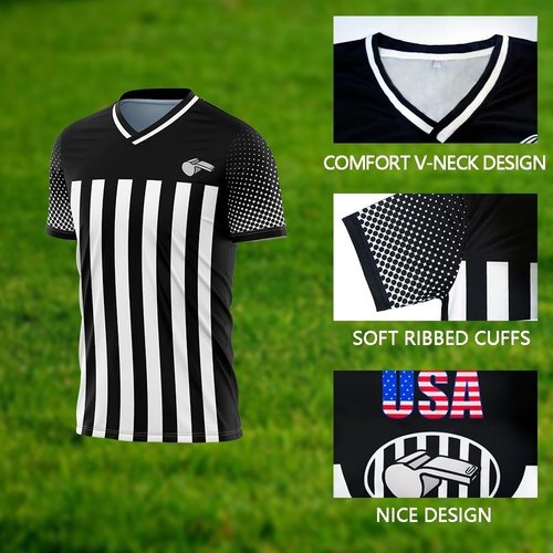 CUEJDSA Referee Shirt Jersey Uniform,V Neck Ref Costume Shirt for Men,Referee Jersey for Football(Black & White, Size L)