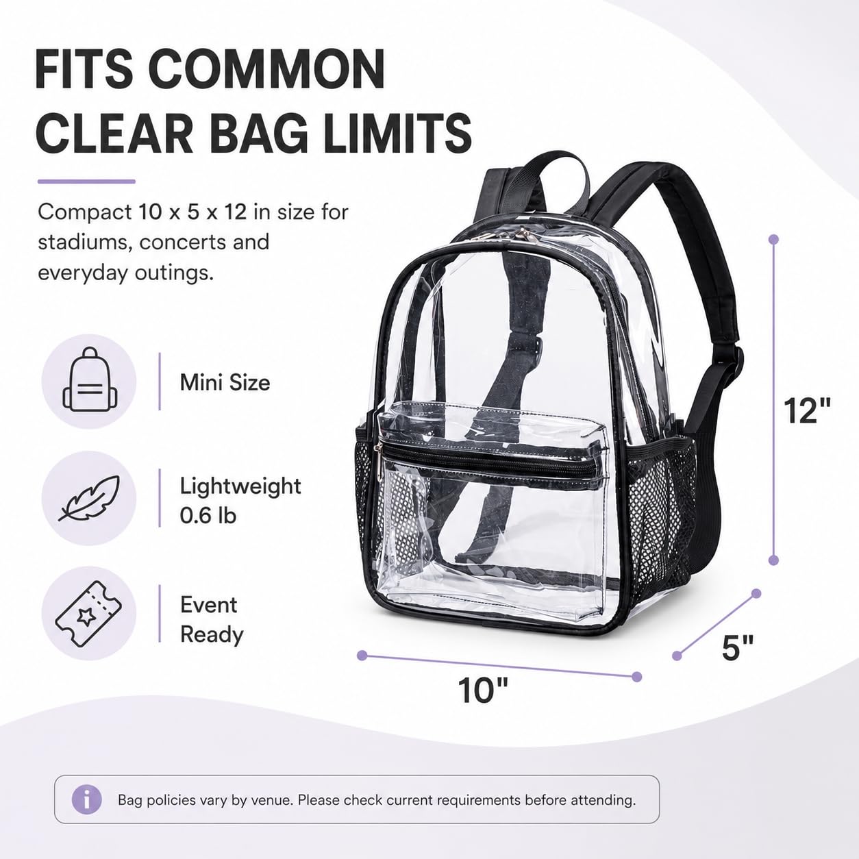 BTOOP Mini Clear Backpack for Stadium Events, 12 x 9 x 5 Inch Transparent PVC Bookbag, Fits Within Common 12x12x6 Stadium Bag Limits, for Concerts, Festivals, Women and Teens