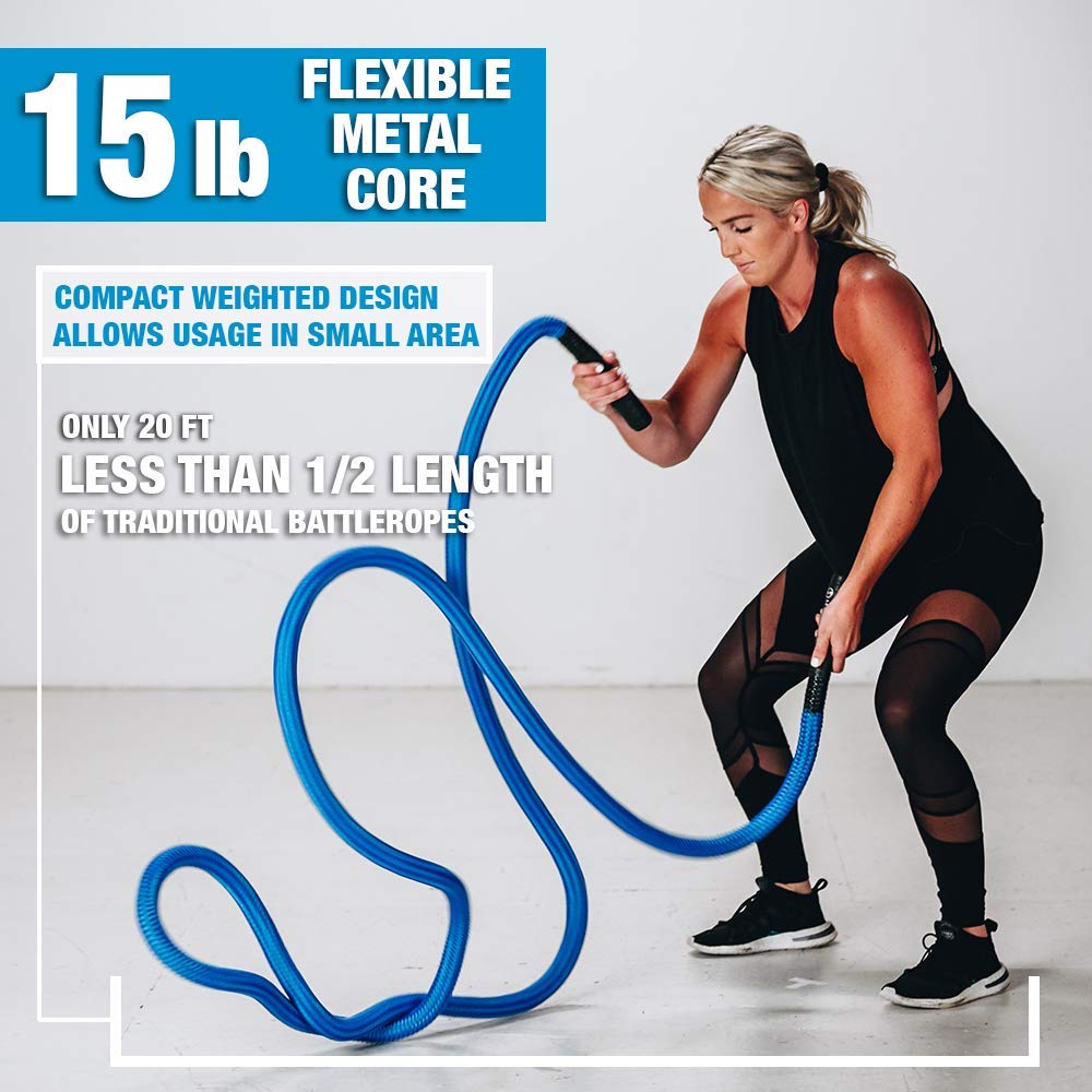 HYPERWEAR Hyper Rope Weighted Short Battle Rope, 15 lbs, 1.5in x 20ft, Anchor Optional, Full-Body Workouts (Blue)