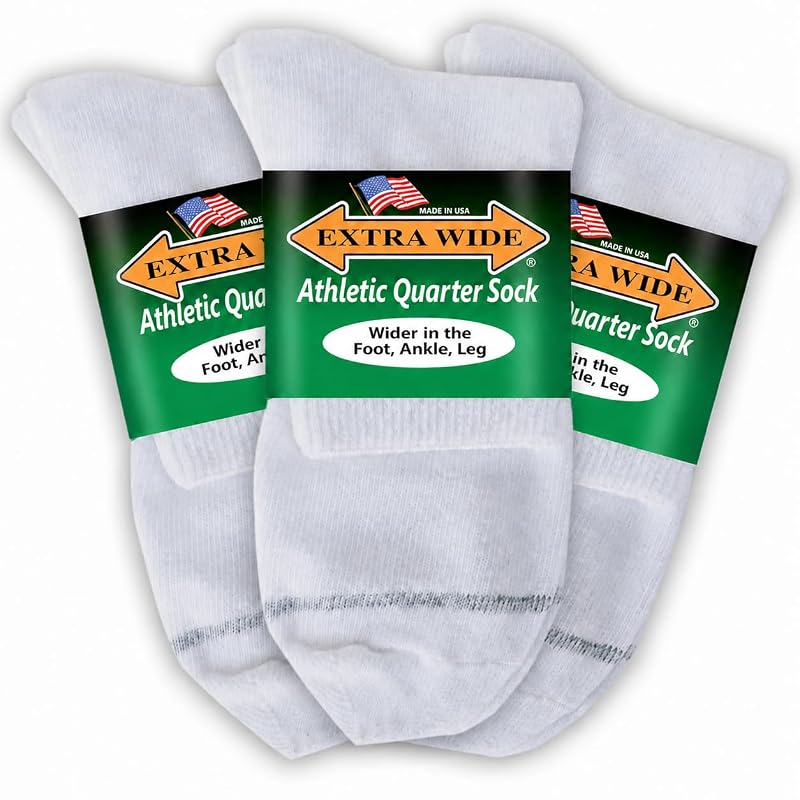 Extra Wide Athletic Socks 3 Pack - White, Large, Up to 6E Width, Made in USA