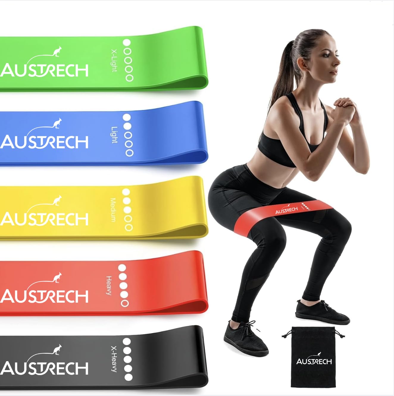 AUSTRECH Exercise Resistance Bands for Working Out Set of 5 for Women and Men, Stretch Bands for Exercise, Physical Therapy, Arms Legs Booty Workout, Stretching, Home Fitness