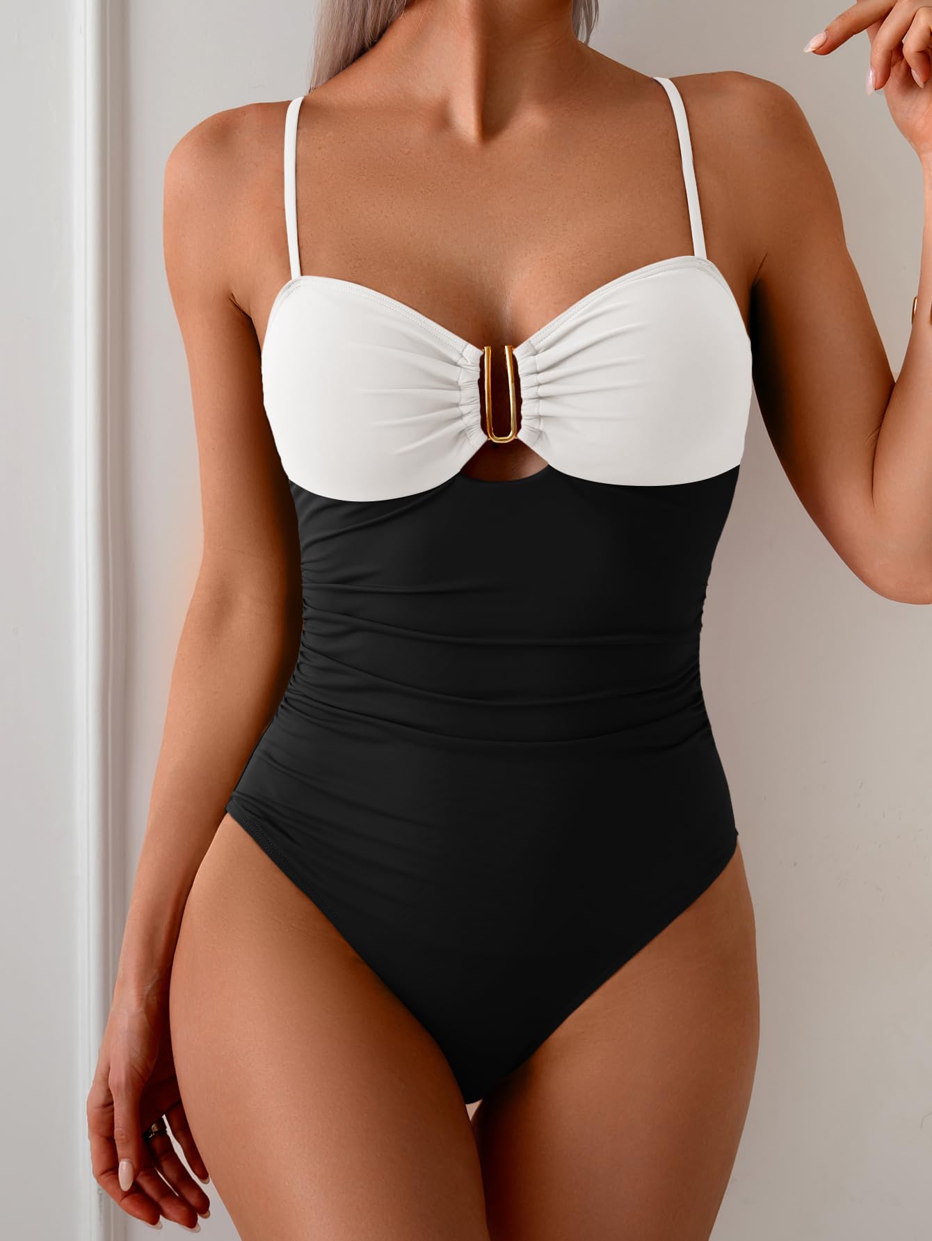 Eomenie One Piece Swimsuit for Women Tummy Control Ruched Bathing Suit U Wire Cutout Swim Suits
