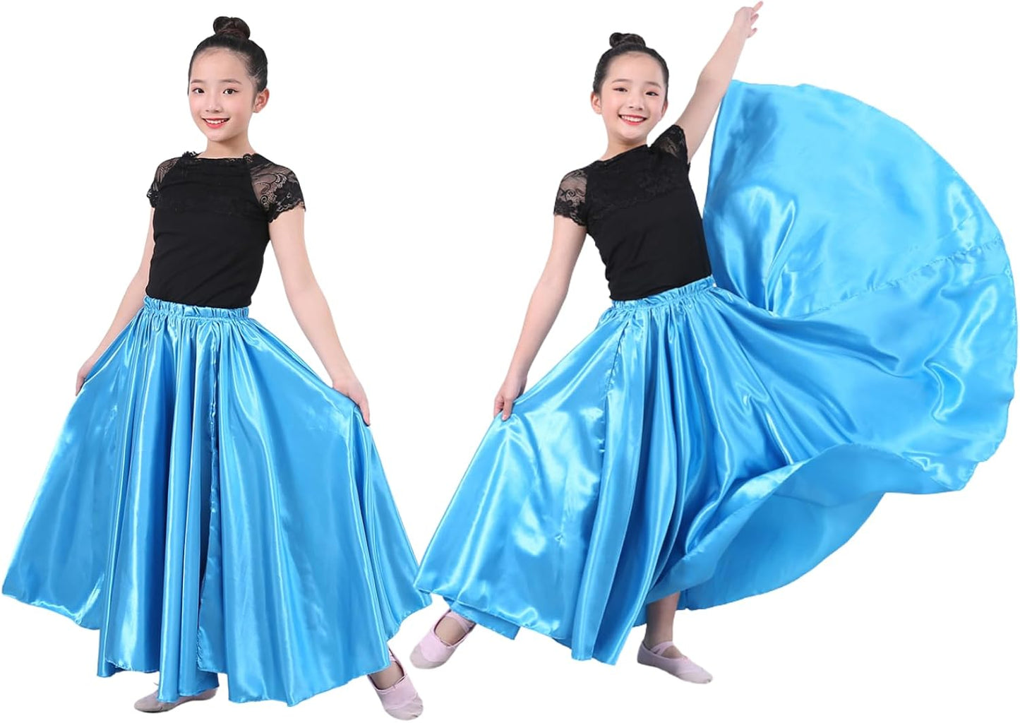 2 Pcs Long Satin Skirt for Girls Full Dancing Circle Skirt for Kids 8-12 Years