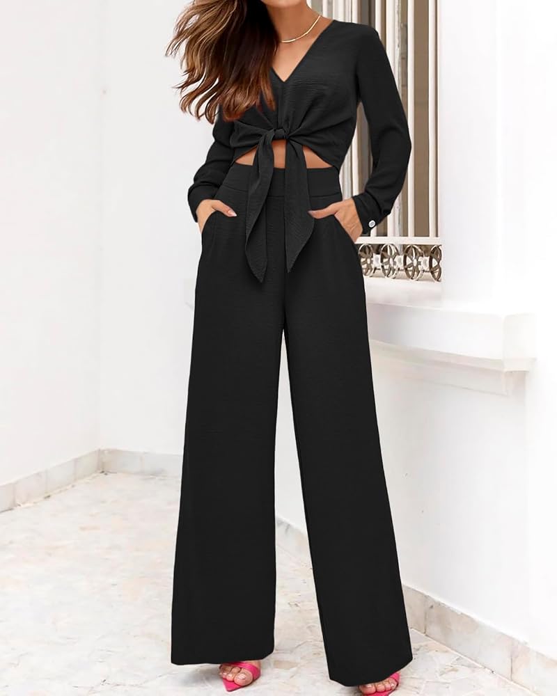 PrettyGarden Women 2-Piece Outfits - V-Neck Crop Top & Wide Leg Pants (Black, Large)