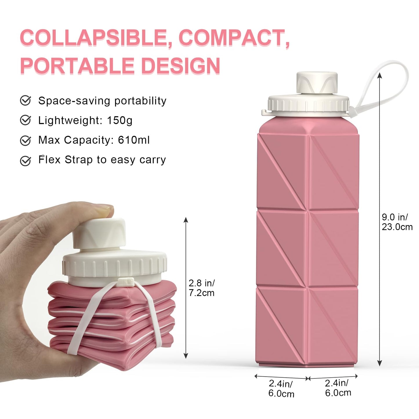 Collapsible Water Bottles 2 Pack, 21oz/610mL, Silicone Travel Water Bottle