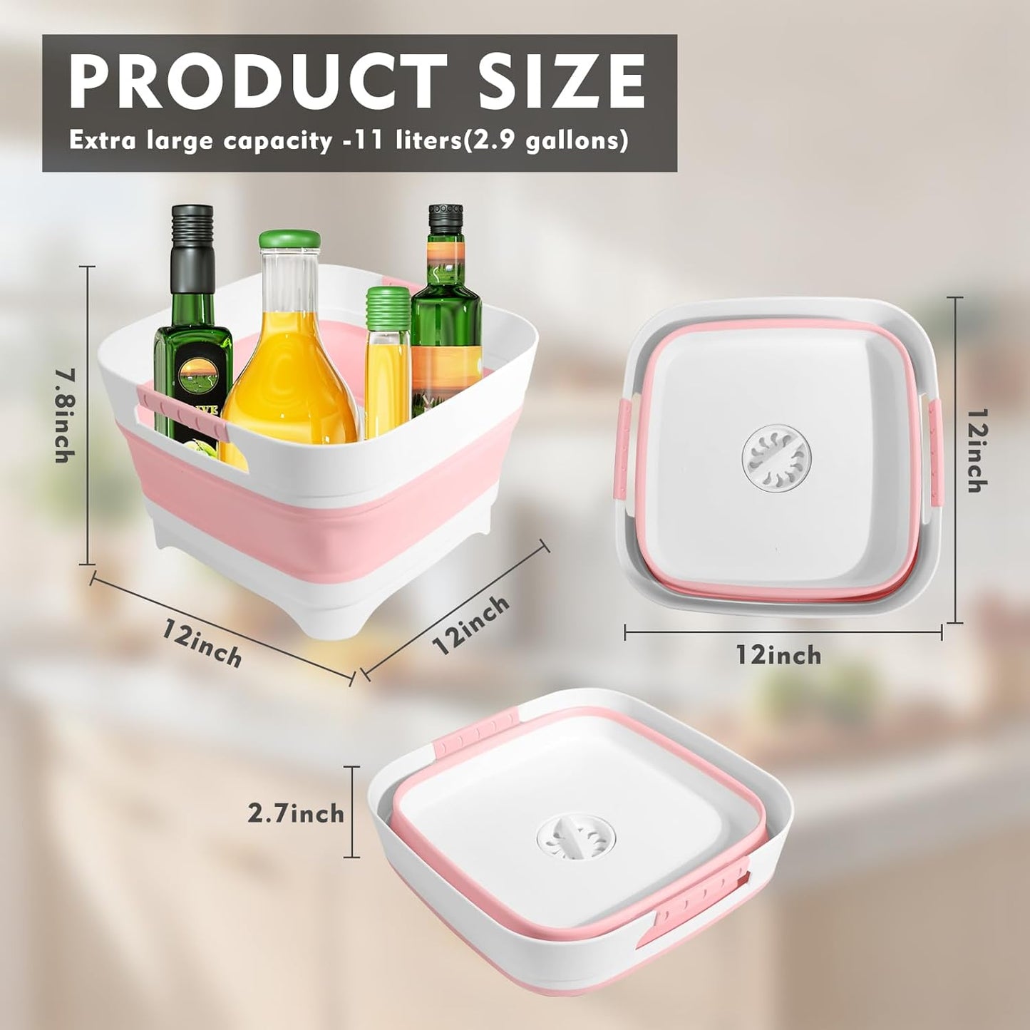 2.4Gal (9L) Collapsible Wash basin With Drain Plug, Suitable For Kitchen Sinks/Outdoor Camping/RV Use, Space-Saving, Highly Portable Washbasin Ideal For Travel (Gray)