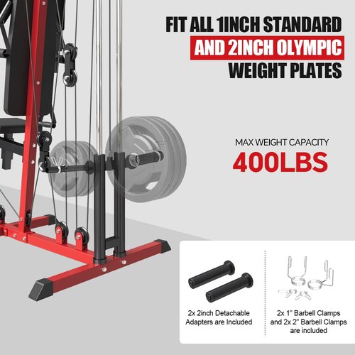 FAGUS H Home Gym Workout Station, All in One Home Gym System with Leg Extension, Leg Press and Full Body Exercise Accessories, Multi-Function Adjustable Plate Loaded Strength Training Machine, Red
