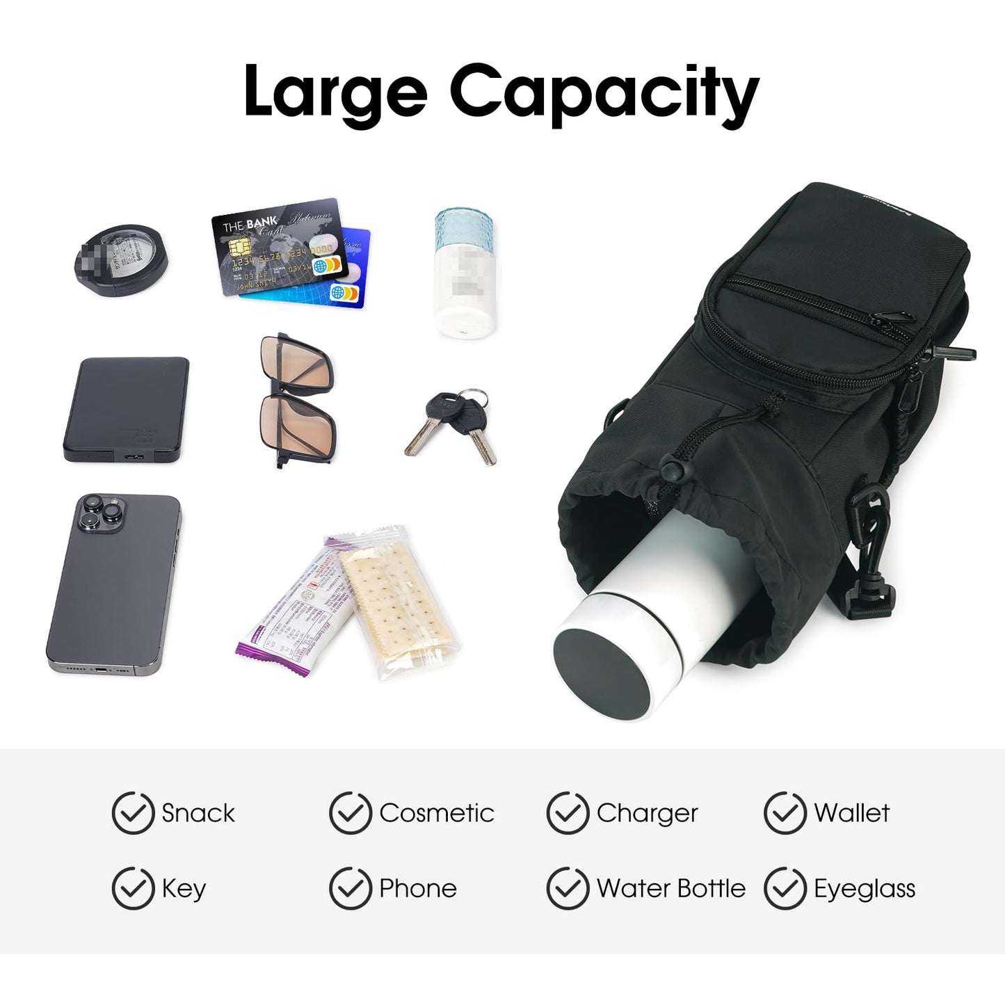 sportsnew 40oz Insulated Crossbody Water Bottle Sling Bag w/Phone Pocket