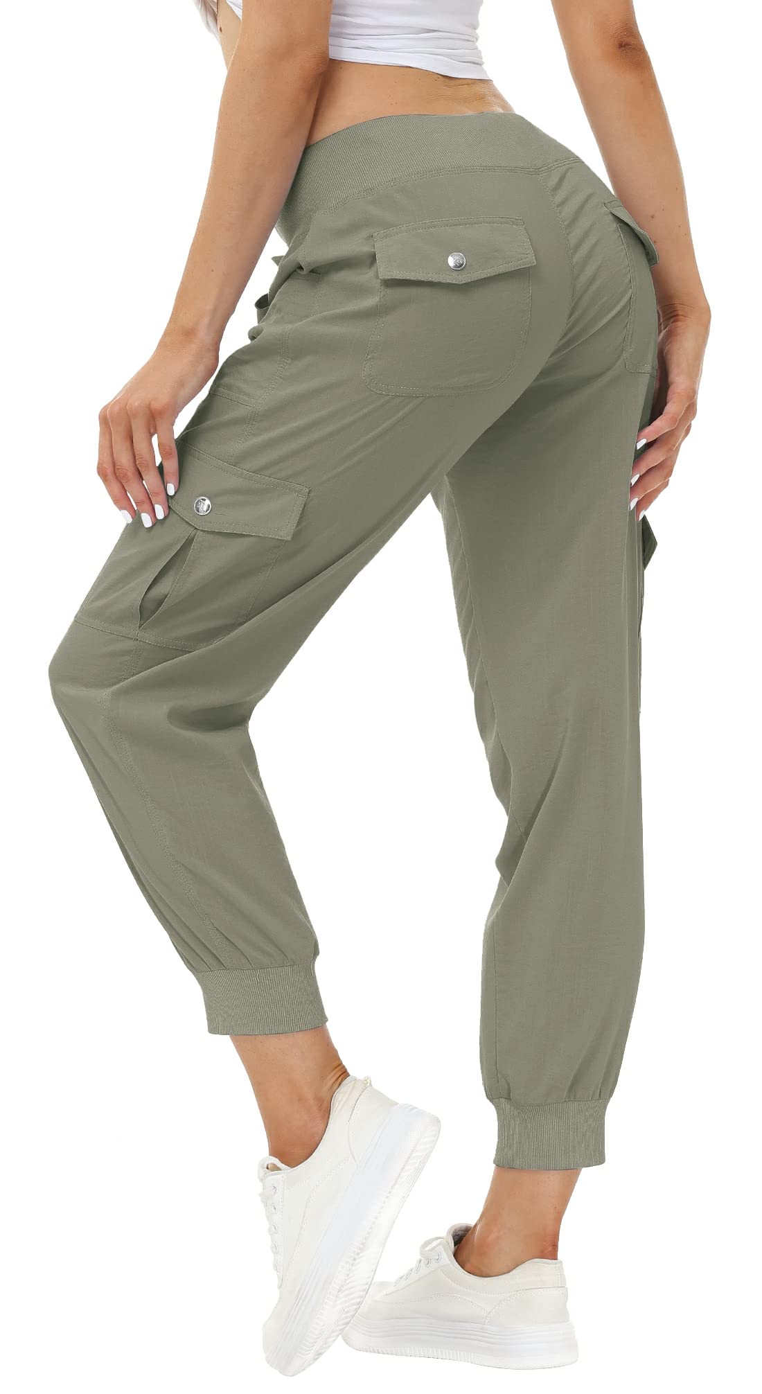 MoFiz Women's Hiking Pants Cargo Joggers Sweatpants with Pockets Lightweight Quick Dry Outdoor Summer Casual Athletic Elastic Waist Grey Khaki XL