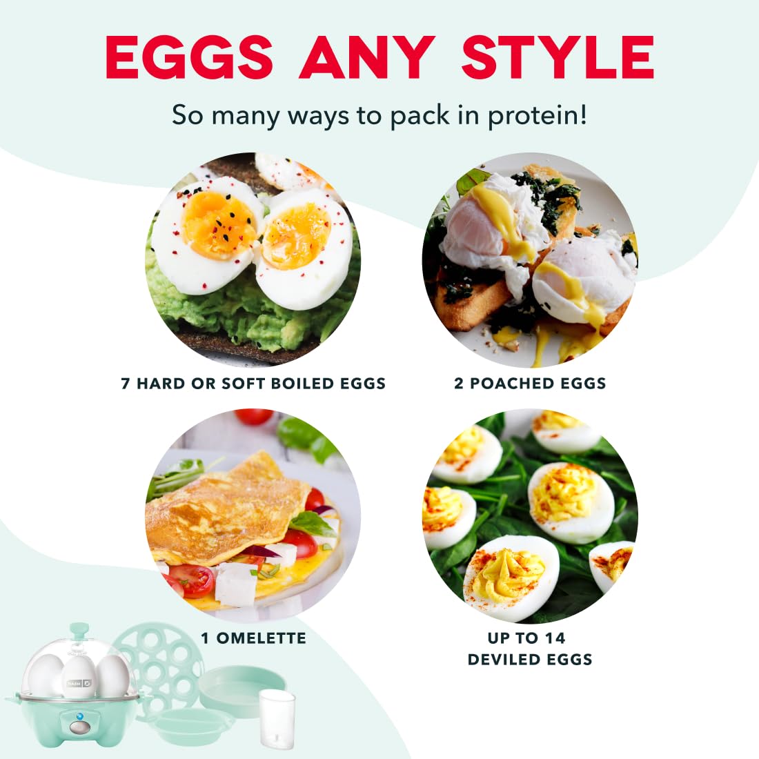 Dash Rapid Egg Cooker - Boiler, Poacher & Steamer - Includes Measuring & Recipe Guide - Dishwasher Safe - BPA Free - Holds 7 Eggs, Aqua