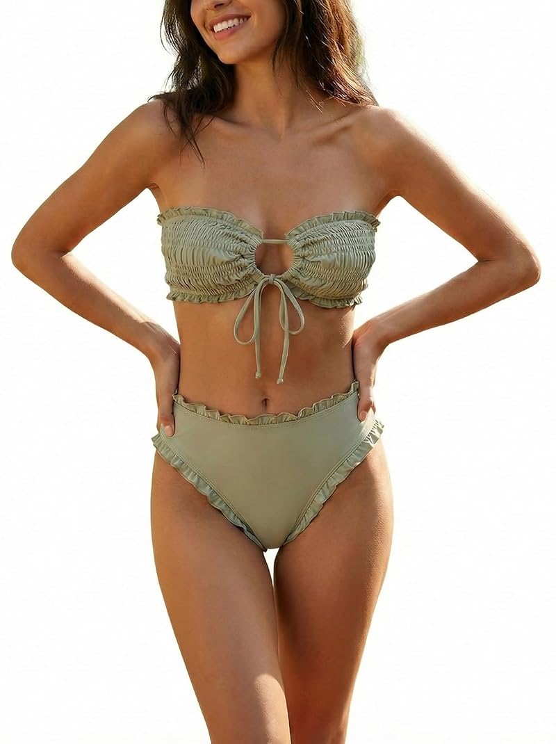 Matcha Green High-Waist Ruffle Bikini Set - 2 Piece Cheeky Moderate Coverage, Adjustable Bandeau Top (Medium)