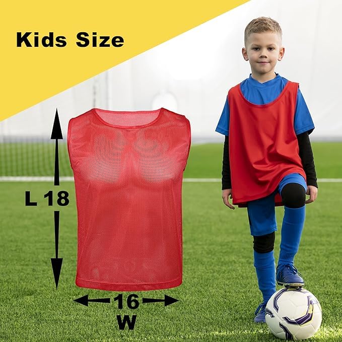 Kids Breathable Mesh Soccer Vests & Pennies Set - 9 Red & 9 Blue, Ages 5-10