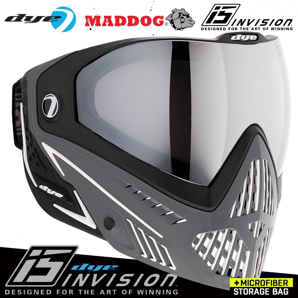 Maddog Dye i5 Thermal Dual-Pane Anti-Fog Lens Paintball Airsoft Mask Goggle System Combo with Microfiber Storage Bag | High Performance Safety Certified Protection - Shades - Grey/White/Black