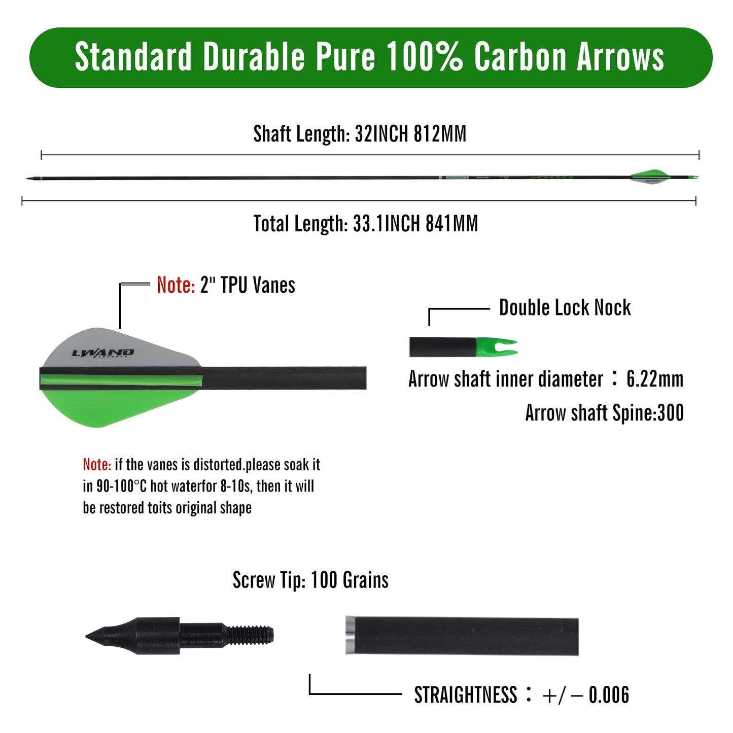 LWANO 32" Archery Hunting Arrows 100% Pure Carbon Fiber Arrows with 12 Pack Shaft 300 Spine Removable Tips for Compound Bow Target Practice