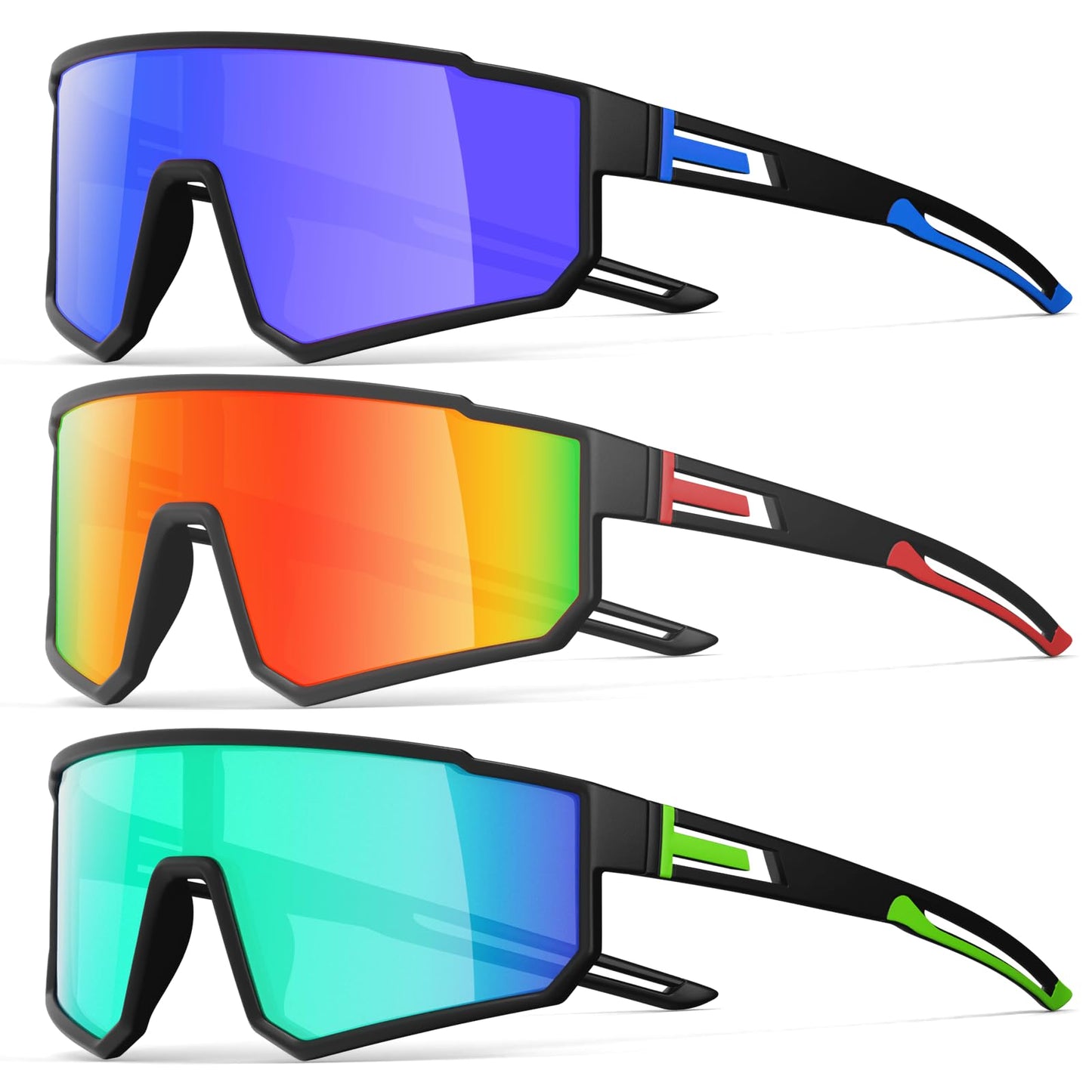IKTOD 3 Pack Polarized Running Sunglasses for Women Mens Sunglasses UV Protection for Cycling Baseball Fishing (3-Pack-Blue Black/Red Black/Green Black-W06)