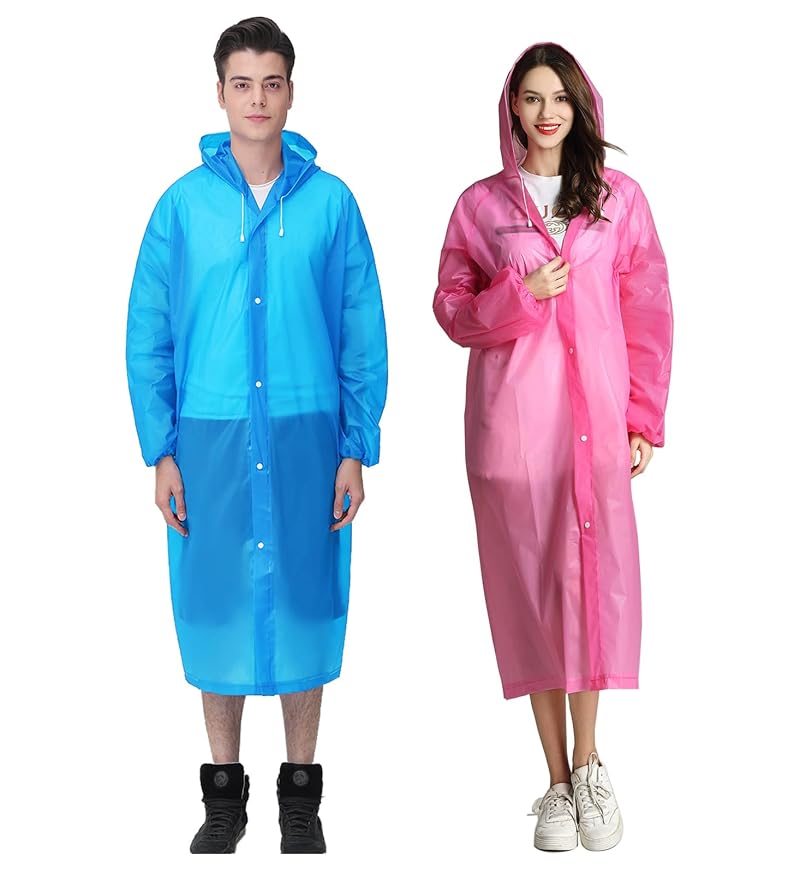 HLKZONE Rain Ponchos for Adults 2 Pack - Packable Rain Coat with Drawstring Hood, J-Blue+Pink, One Size