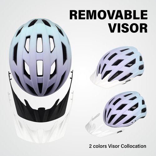Youth Adult Road Bike Helmet, Men Women Adjustable Mountain Bicycle Helmet with Detachable Visor, 2 Sizes for Age 8-14+ Youth, Kids, Adult (Purple Blue Gradient, L)