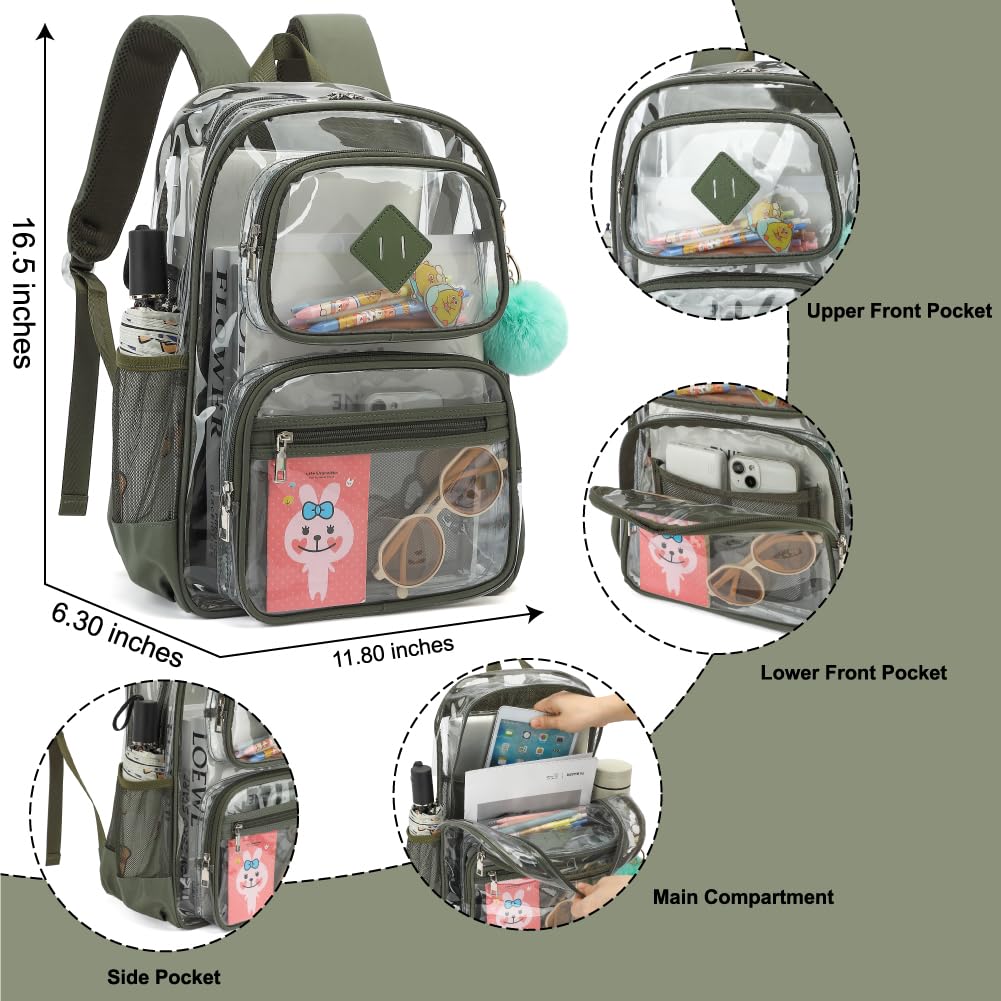 Heavy Duty Clear Backpack for Girls Boys Transparent School Bookbag Kids Durable PVC See Through Backpack-Army Green