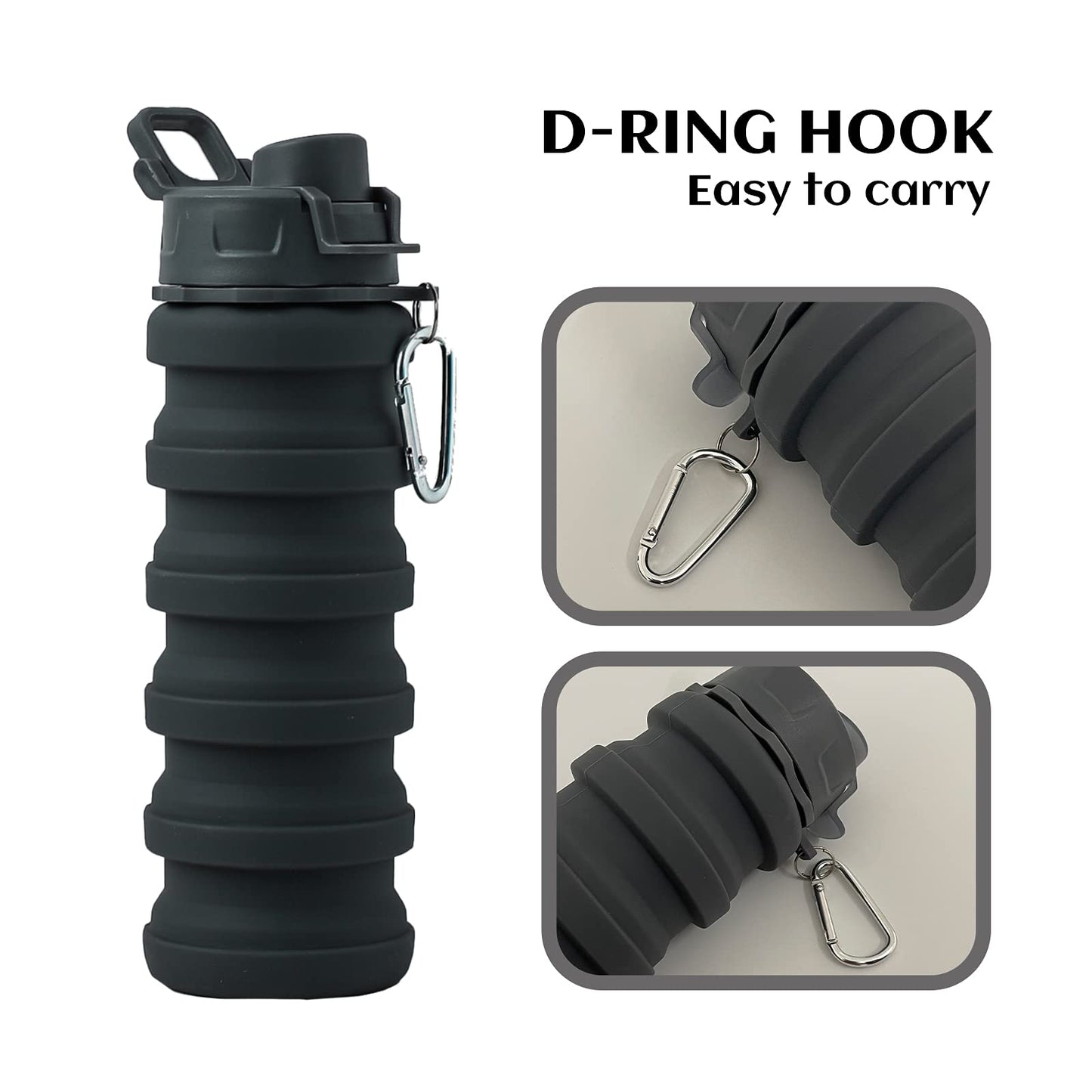Collapsible Silicone Foldable Water Cup - 16oz BPA Free Reusable Water Bottle - Hiking Travel Sports Kids - Gray