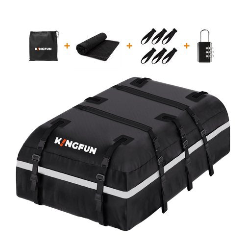 Kingfun Rooftop Cargo Carrier - Waterproof 20 Cubic Feet Car Roof Bag for All Vechicles with/Without Racks, Includes Anti-Slip Mat, 8 Reinforced Straps, 6 Door Hooks, Luggage Lock (Black)