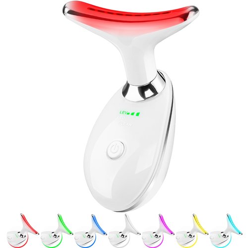 OCAWAYEE Face and Neck Massager Tool, 7 Colors LED Light Therapy Wand for Wrinkles, Double Chin, Portable Facial Massager with Vibrating and Thermals for Skin Care, Glossy White