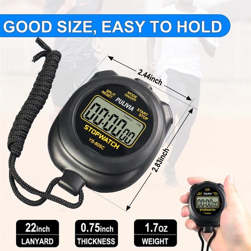 PULIVIA Stopwatch Timer with Countdown, Simple Operation Digital Stop Watch for Sports, Countdown-Alarm, Button-Sound, Replaceable AAA Battery, Black