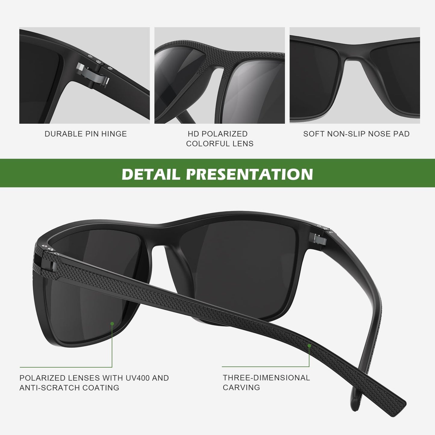Fanshen Square Polarized Sunglasses for Men, 3 Pack Lightweight UV Protection Sun Glasses for Driving Fishing Golf (Green/Blue/Red)