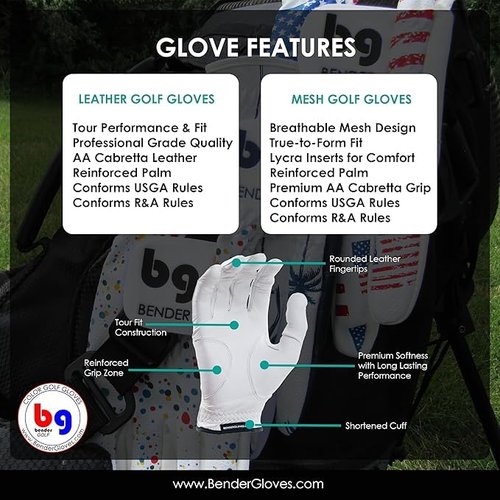 Bender Gloves - Men's Golf Glove, Durable Mesh Material, Unique Golf Gloves Men Right Handed Golfer (Wear On Left)