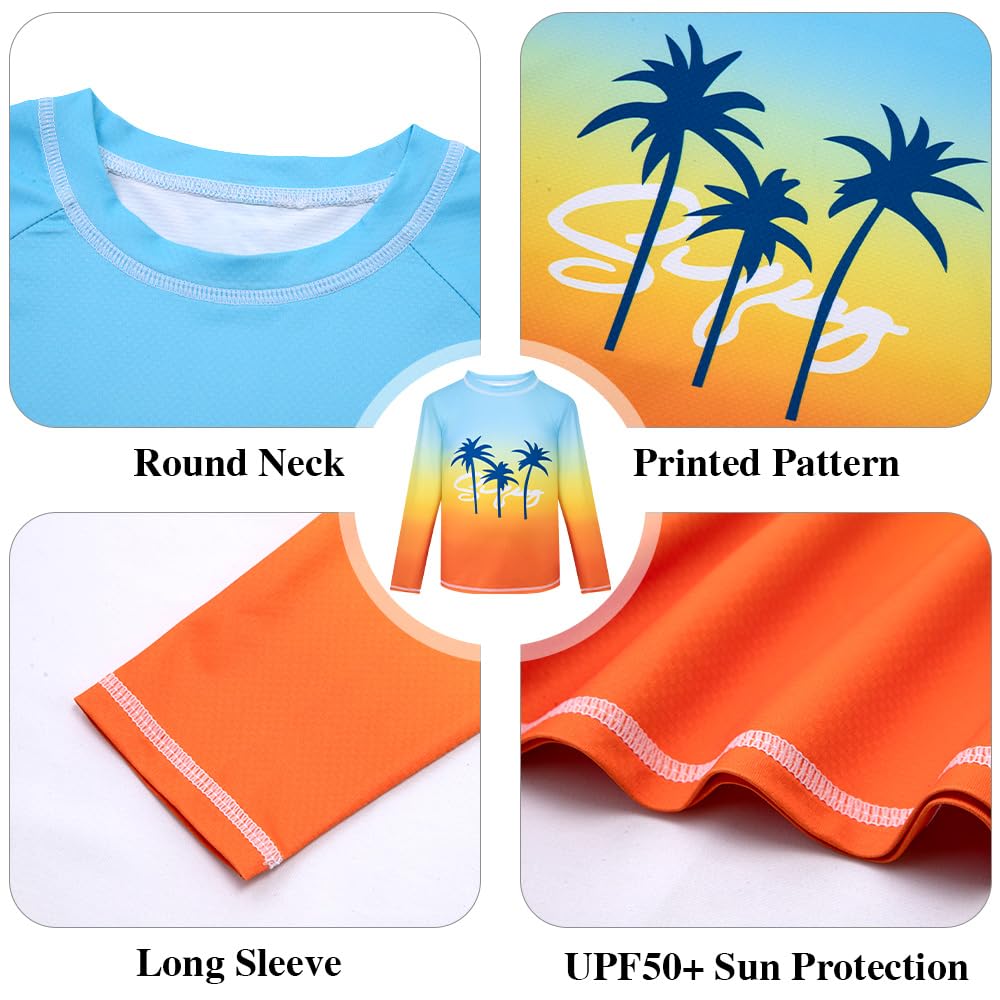 Belovance Boys Two Piece Rash Guard Swim Set Toddler Kids Long Sleeve Bathing Suit Swimwear Shirt with Trunks Swimming Suits Surfing Beach Clothes Quick Dry 5t Size 6 Blue Orange Coconut Tree