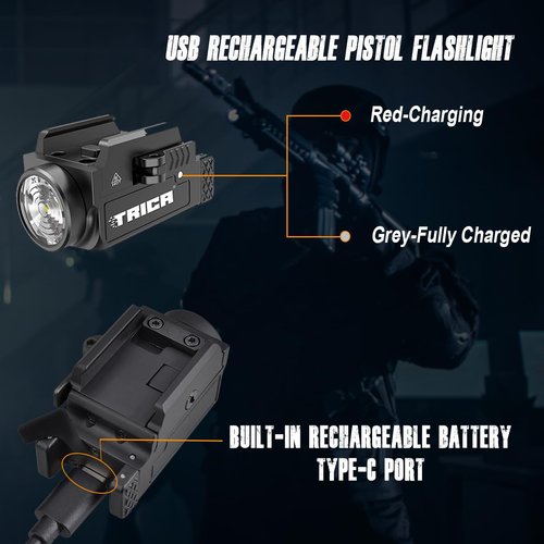 800 Lumens Compact Pistol Light, USB Rechargeable Rail-Mounted Tactical Gun Flashlight for Handguns, Quick Release Mini Weapon Light Compatiable for 1913,GL Style Full Size and Compact Rail