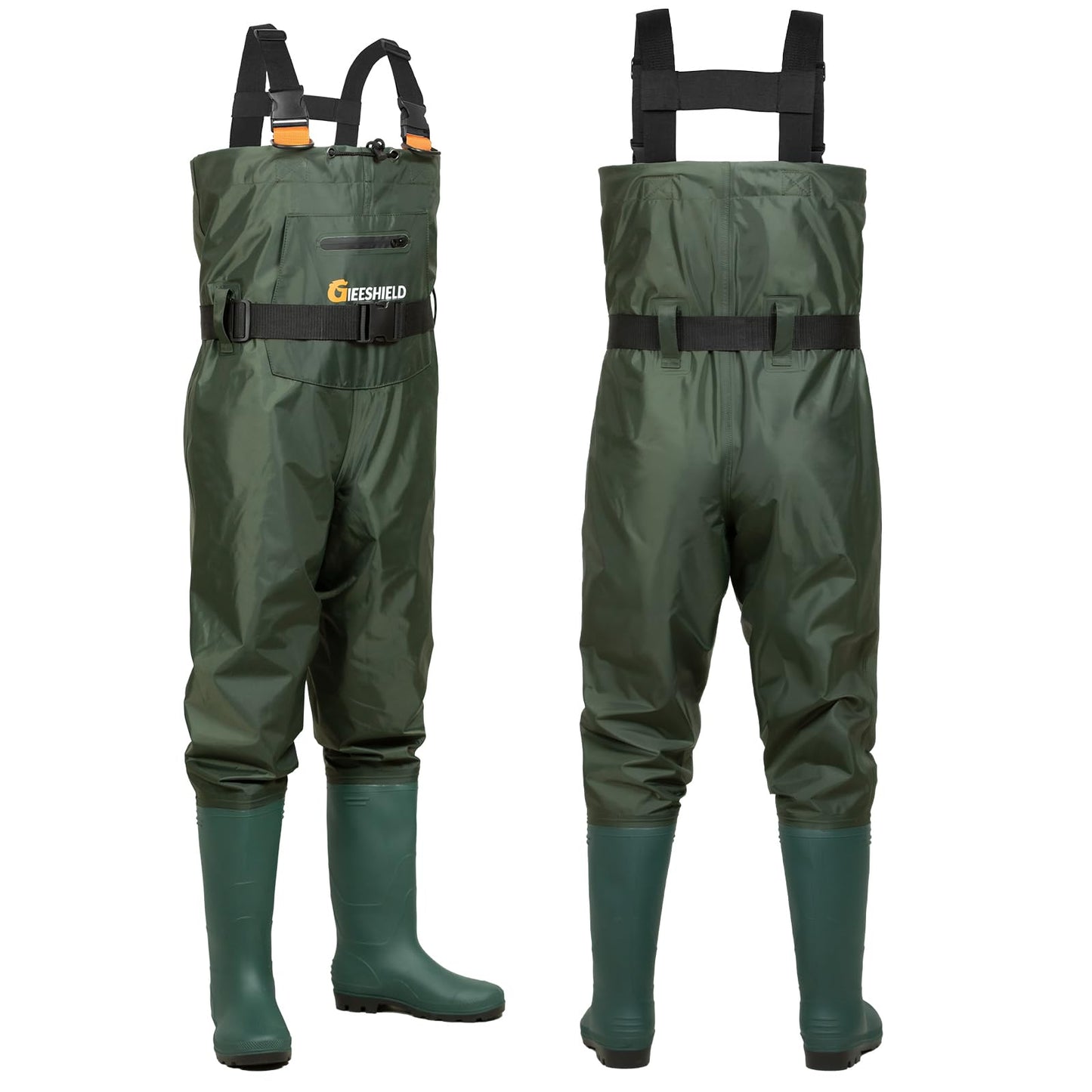 GIEESHIELD Waterproof Bootfoot Chest Waders for Men and Women, Lightweight 2-Ply Nylon/PVC Fishing & Hunting Waders with Boot Hanger - Green (Green, M6/W8)
