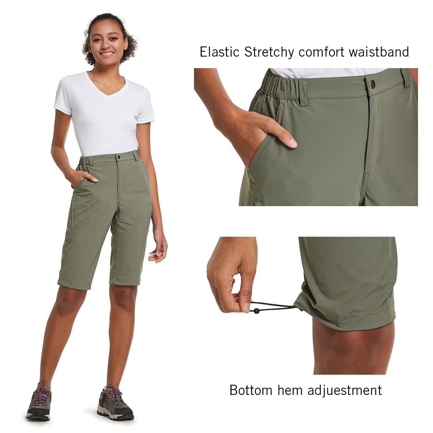 baleaf Women's Hiking Shorts Bermuda Long Knee Length Quick Dry Stretch Elastic Waist for Camping, Travel Sage Green Size S