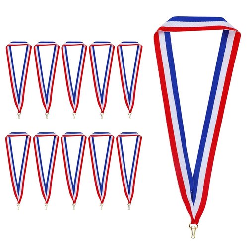 VASANA 10Pcs Nylon Award Ribbons with Snap Clips Medal Lanyards Red White Blue Classic Striped Flat Neck Ribbons for Competitions Sports Meeting Partys