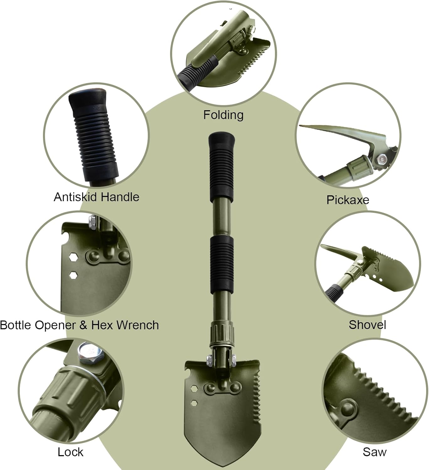 2-Pack Black & Green Folding Camping Shovels, Carbon Steel Multi-Tool Survival Shovel for Outdoor, Emergency, Hiking, Car Off-Road