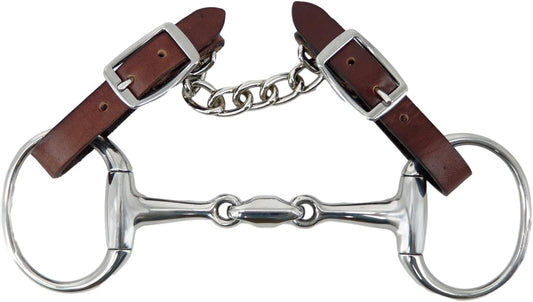 Jeereal Stainless Steel Western 5" Mouth Horse Eggbutt Bit with Leather Single Flat Link Chain Curb Strap,Double Jointed Mouth with Elliptical Link 2-3/4" Round Rings