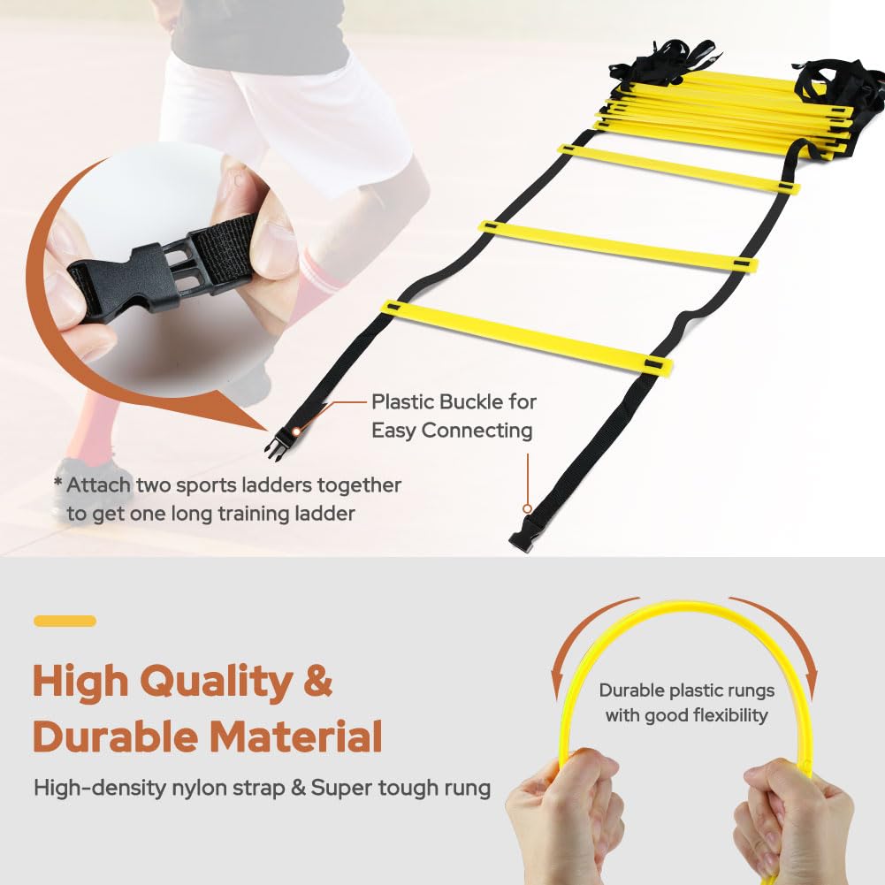 GHB Agility Ladder,Football Agility Training Equipment Set,3 Agility Hurdles,20 feet 12 Rungs Speed Ladder 5 Discs 5 Cones Target pad Bounce Balls ect for Football Basketball Workout Training