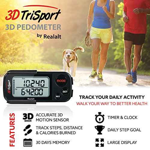 Realalt 3DTriSport Walking 3D Pedometer with Clip & Strap, eBook Included 30 Days Memory Accurate Step Counter, Walking Distance Miles/Km, Calorie Counter, Daily Exercise Time Monitor