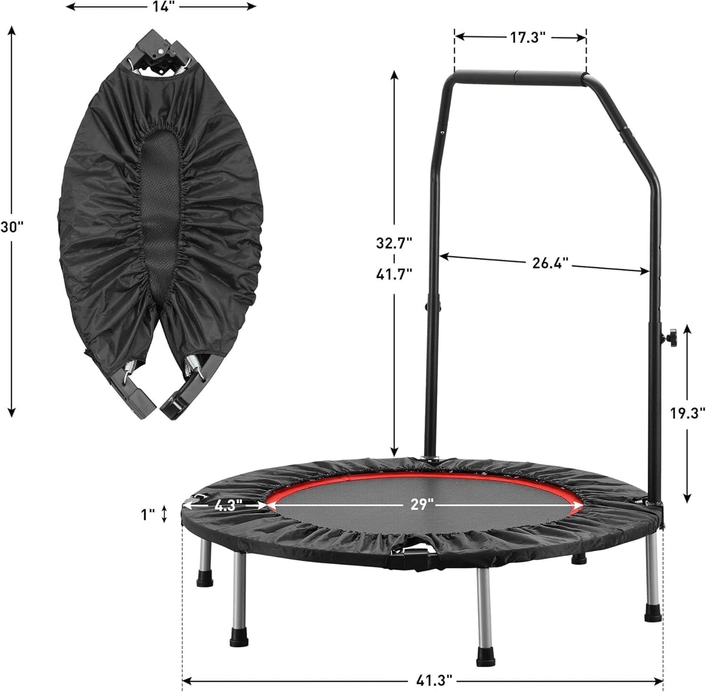 HYD-Parts 40" Mini Trampoline for Adults and Kids Exercise Rebounder Trampoline with Adjustable Bar Fitness Trampoline Indoor & Outdoor, Max Load 330lbs