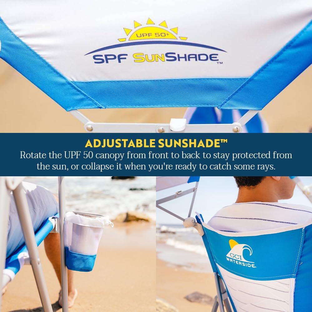 GCI Outdoor Sunshade Captain's Chair | Collapsible Folding Canopy Shade Chair with Durable Armrests, Drink Holder & Portable Carry Bag, Perfect for Beach Trips & Picnics — Saybrook Blue