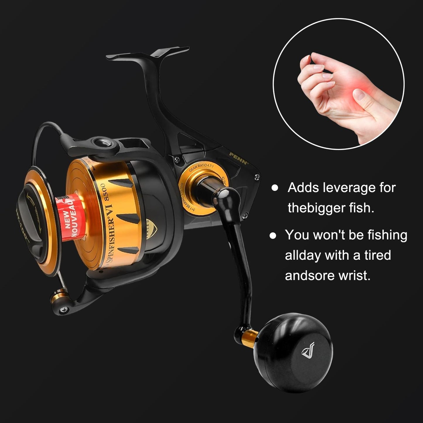JINOHNAMILL 76mm Power Handle for Penn Spinfisher VI VII 5500-6500 Long Cast V Reel